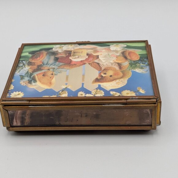 Cherished Teddies Trinket Box Glass Mirror Brass 4" x 3" x 1" - Picture 4 of 13